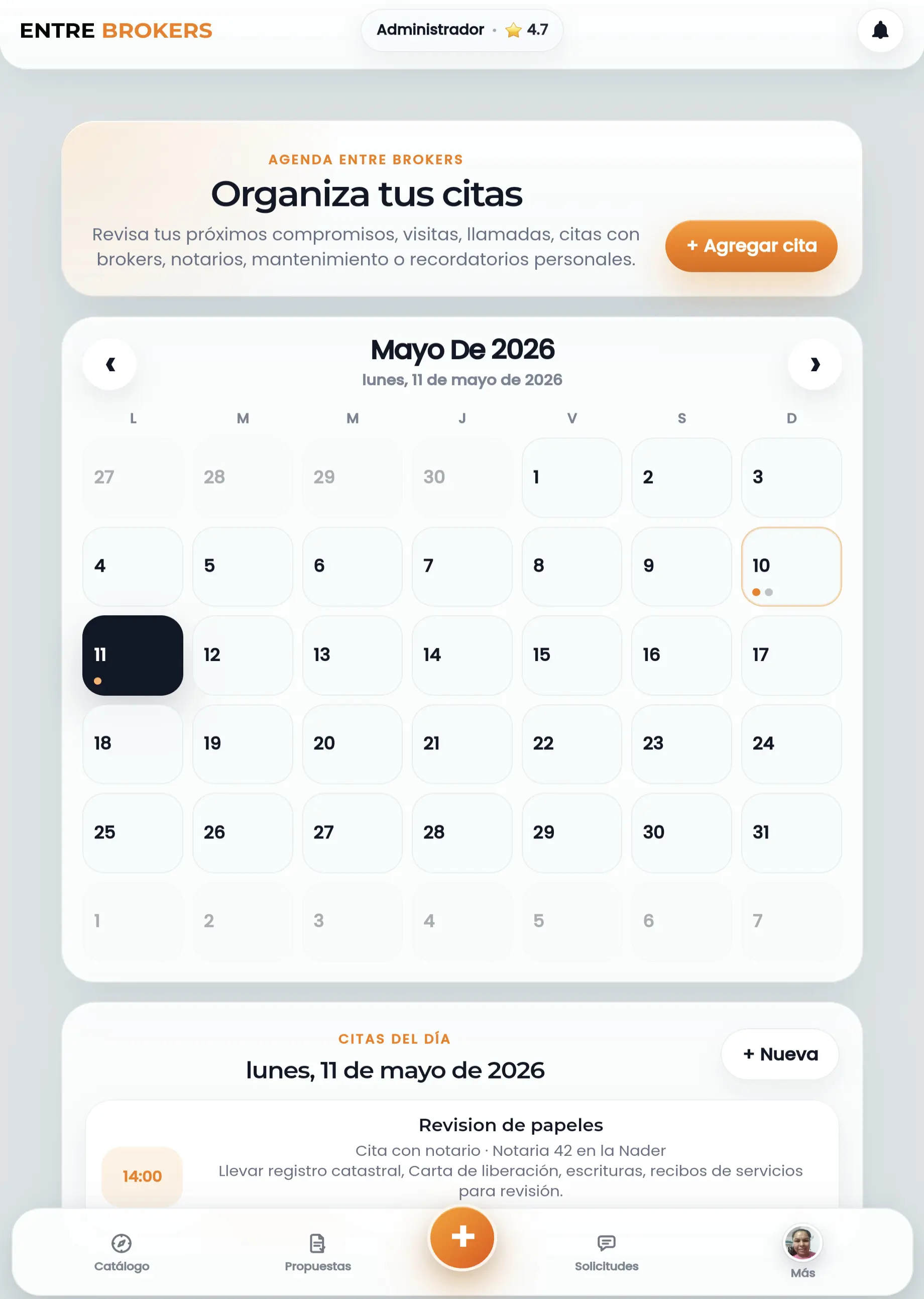 Agenda inteligente de Entre Brokers con calendario mensual y recordatorios
