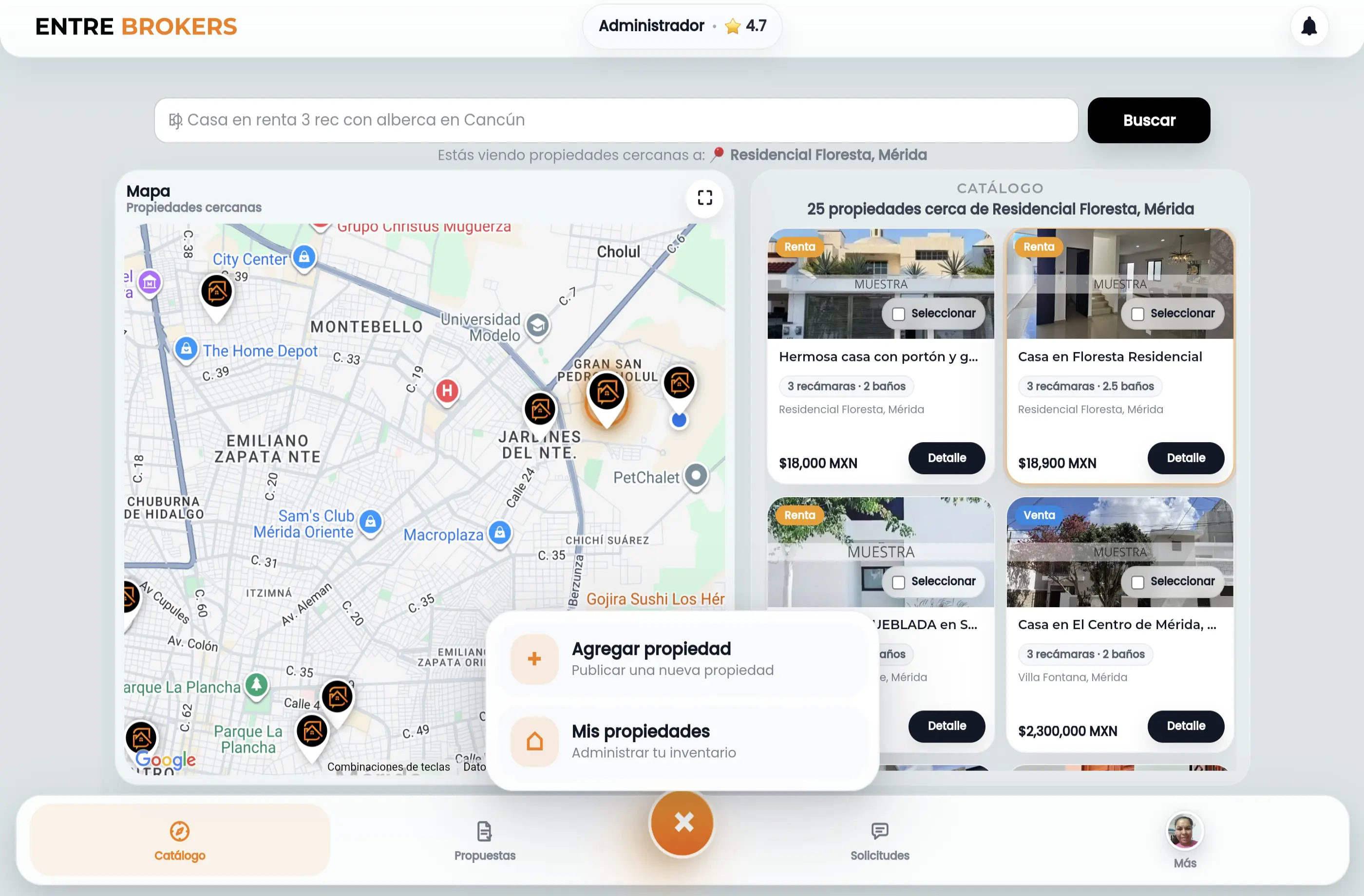 Vista del catálogo y mapa de una comunidad inmobiliaria en crecimiento
