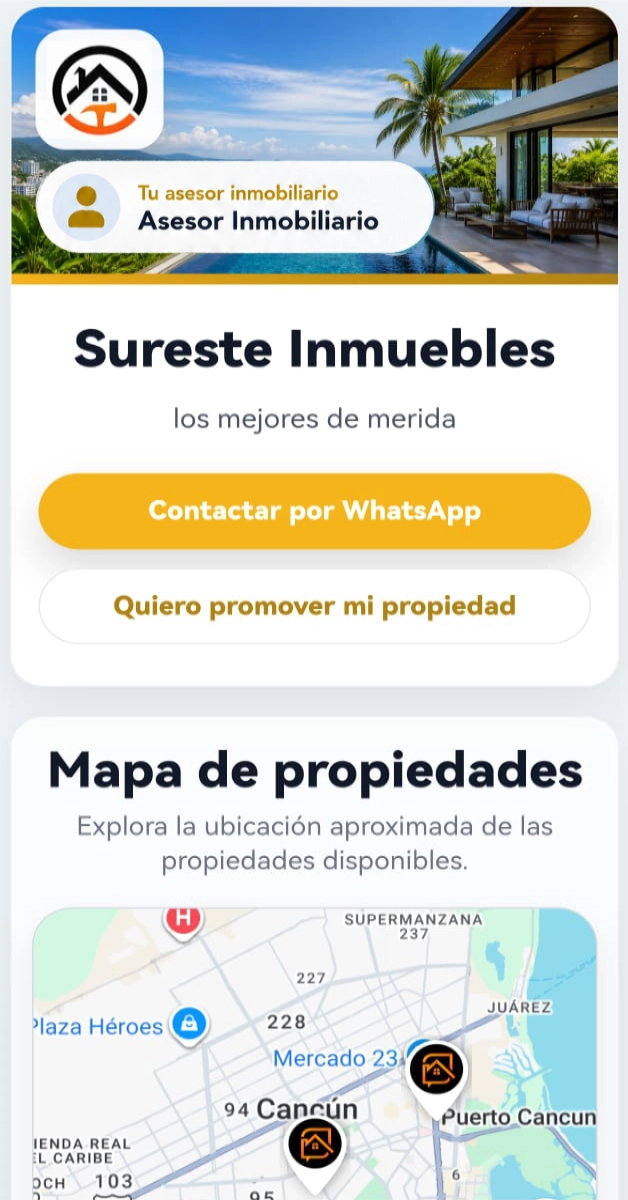 Portada móvil de un portal inmobiliario con identidad del asesor