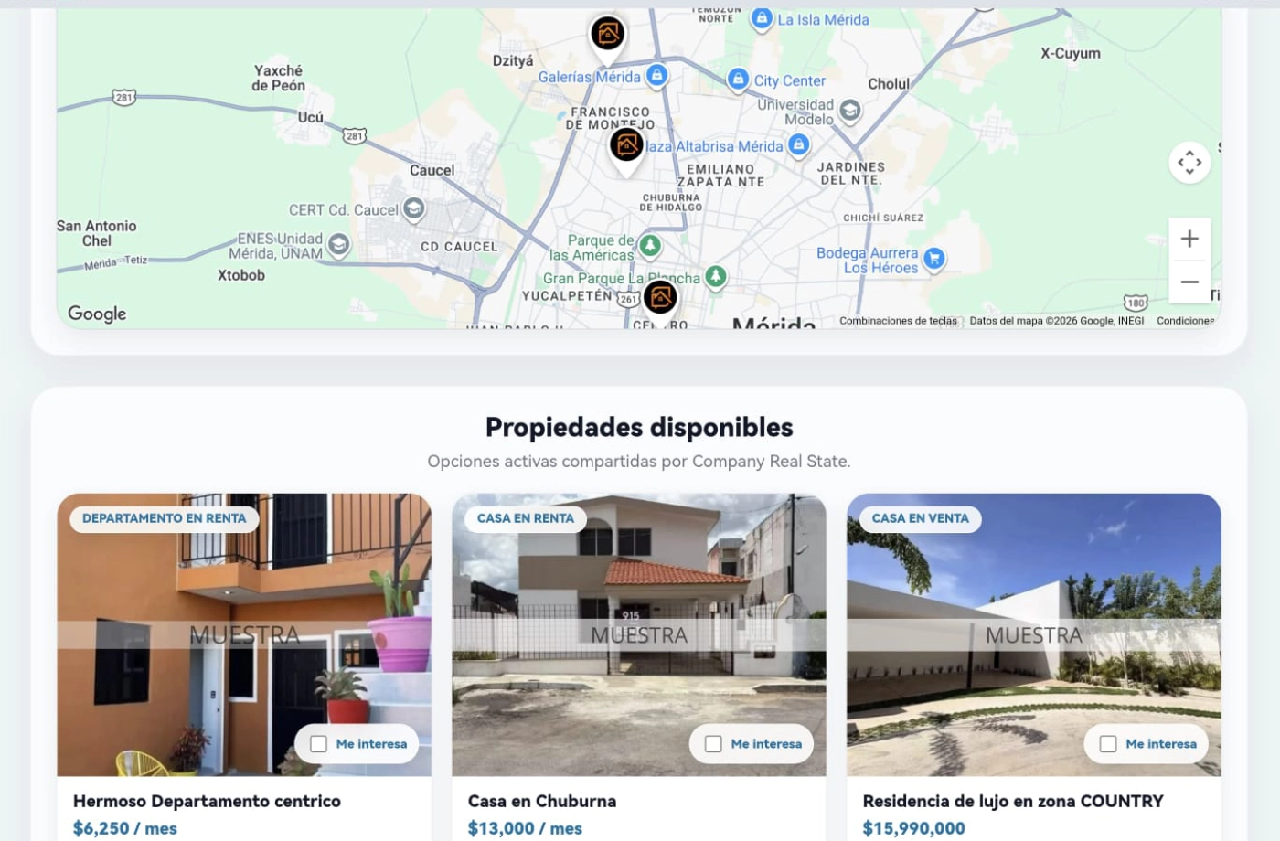 Portal inmobiliario en tablet con mapa y catálogo de propiedades